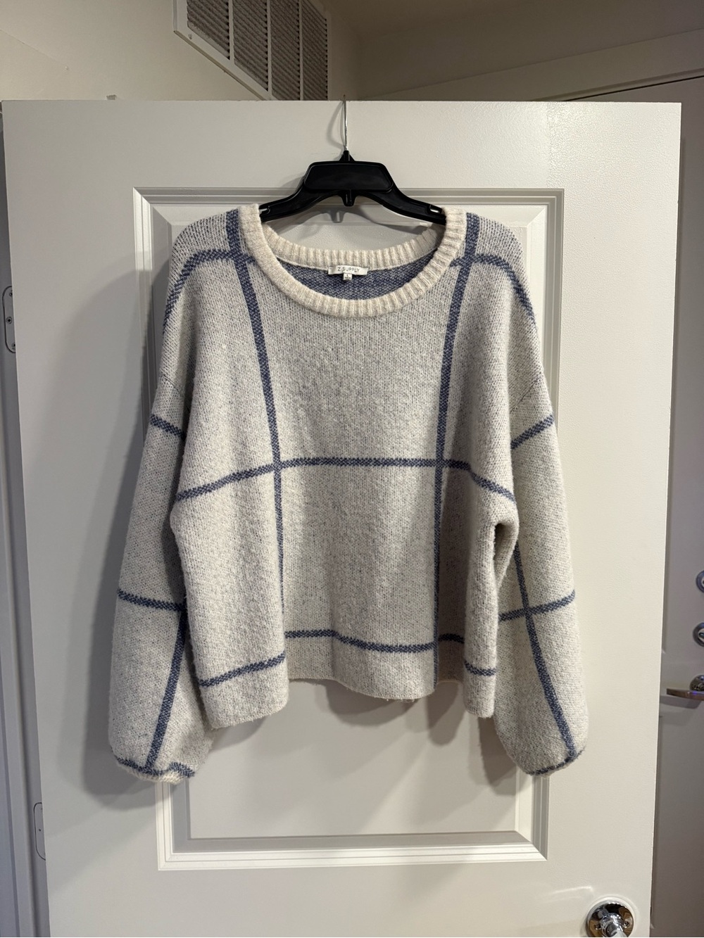 Z Supply Cream Crewneck Sweater with Blue Windowpane
